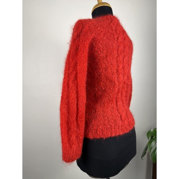 Vintage Hand Knit Red Mohair Cardigan Sweater | Fuzzy Cable Knit Button Front - Picture 6 of 12